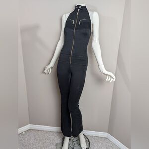 Halter neck jumpsuit, Y2K denim zip up front flared leg, karv heartbreak